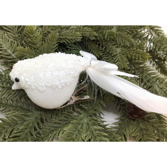 2 Songbirds White Glass Beaded Clip On Christmas Tree Ornaments Bright - Picture 3 of 8